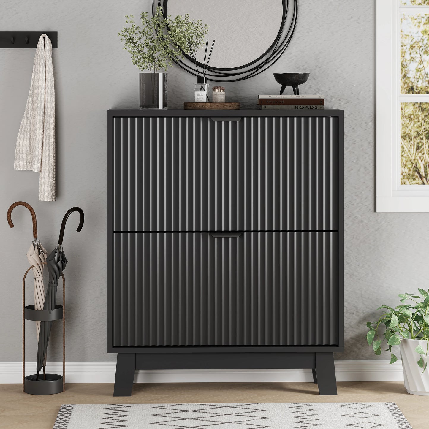 Shoe Cabinet With 2 Flip Drawers Narrow Tall Wooden Storage