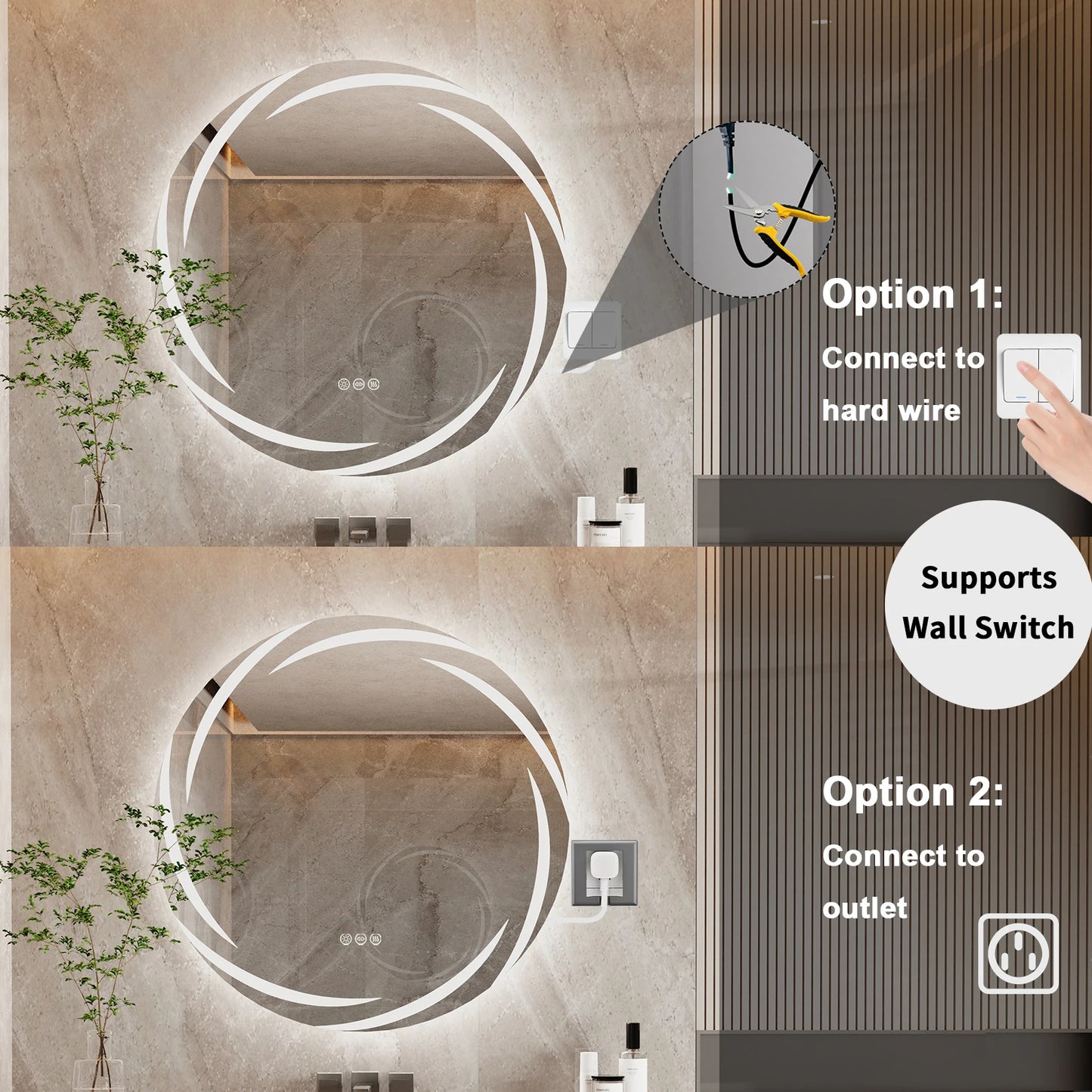 LED Round Bathroom Mirror Backlit Anti Fog Shatterproof Dimmable