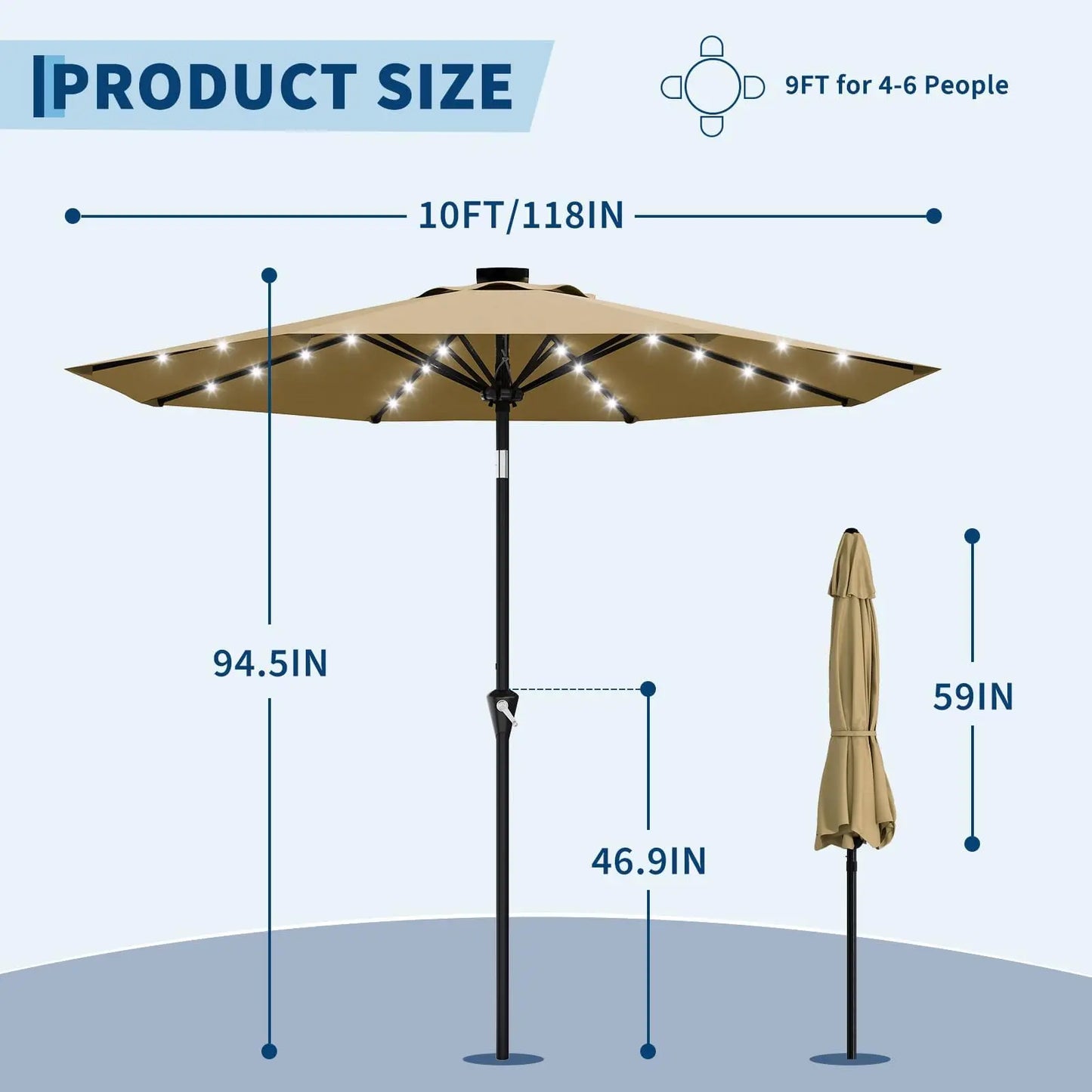 Studyset Solar Powered Patio Umbrella With 32 LED Lights