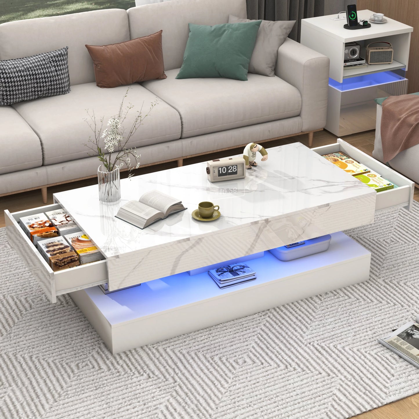 QiaoShiRen Modern LED Coffee Table With Double Storage Drawers