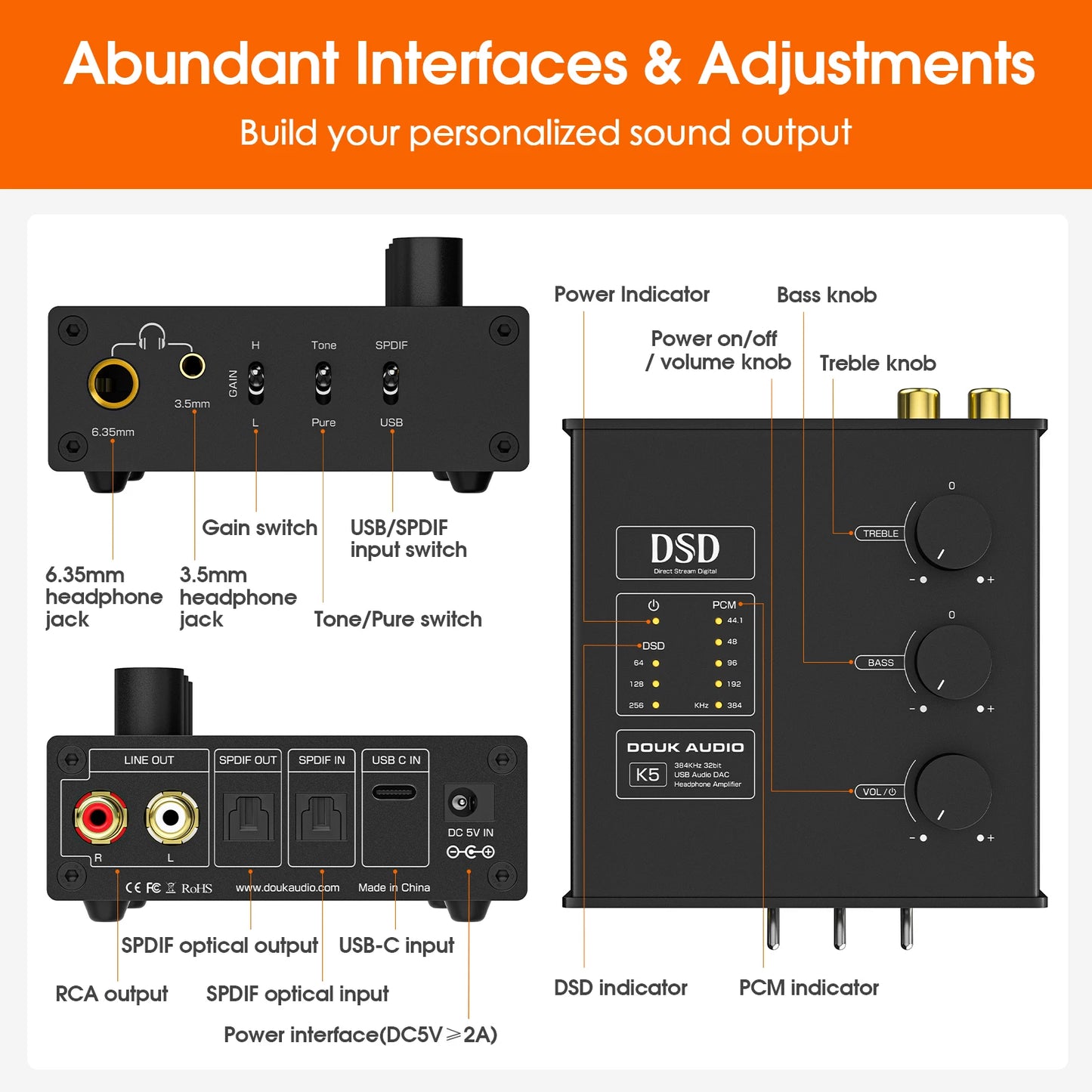 Douk Audio K5 Mini USB DAC Optical Headphone Amplifier DSD256