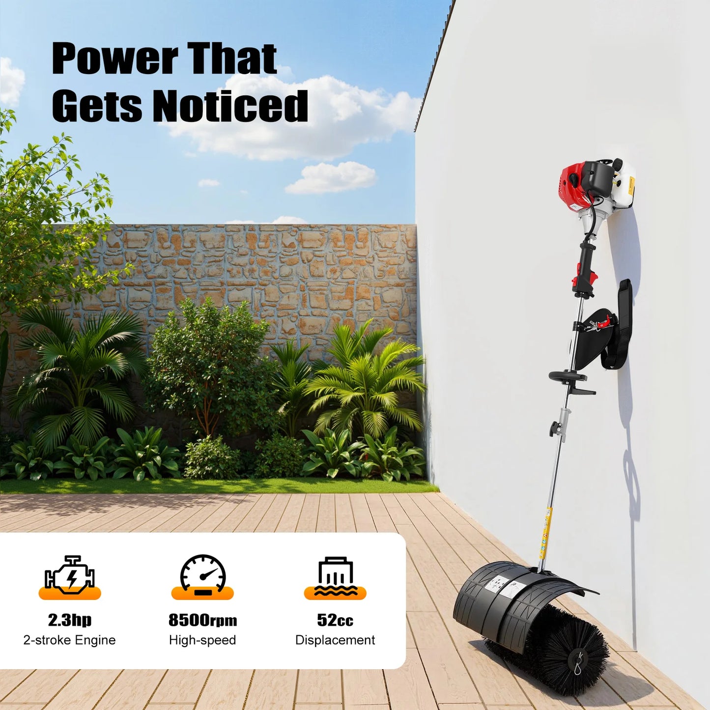Gas Powered Walk Behind Sweeper Multi Surface Brush Cleaner Driveways